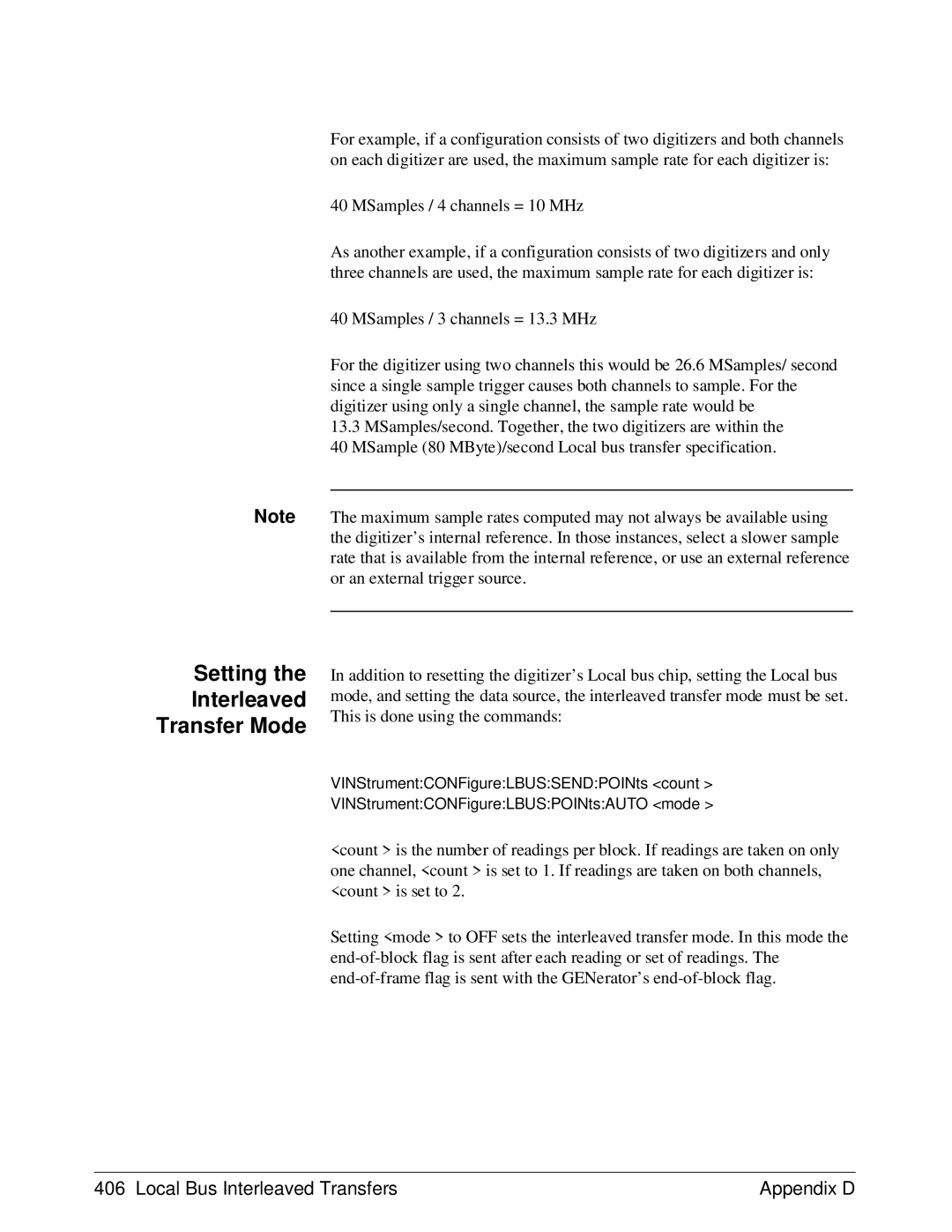 HP E1429A manual Setting Interleaved Transfer Mode, Local Bus Interleaved Transfers Appendix D 