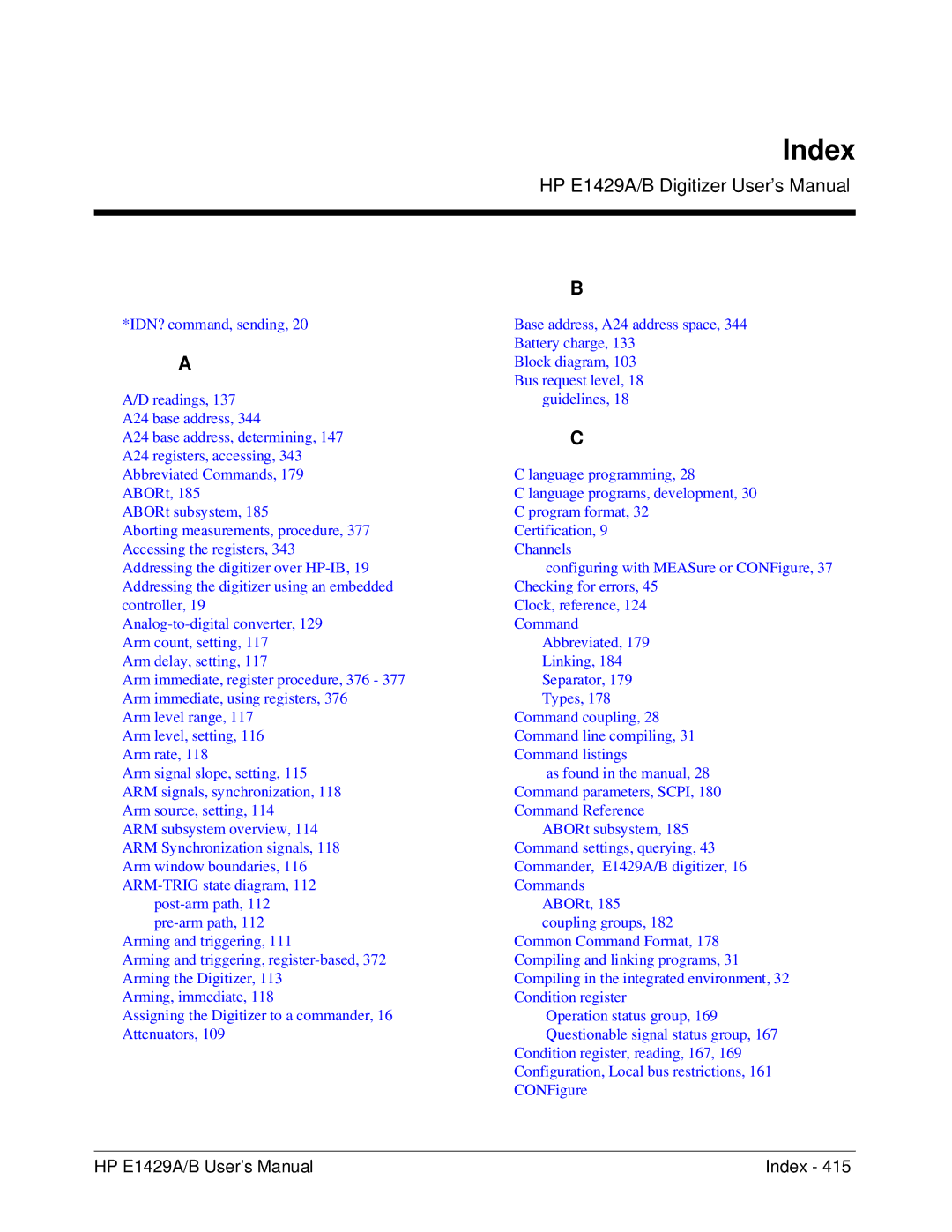 HP manual HP E1429A/B User’s Manual Index 