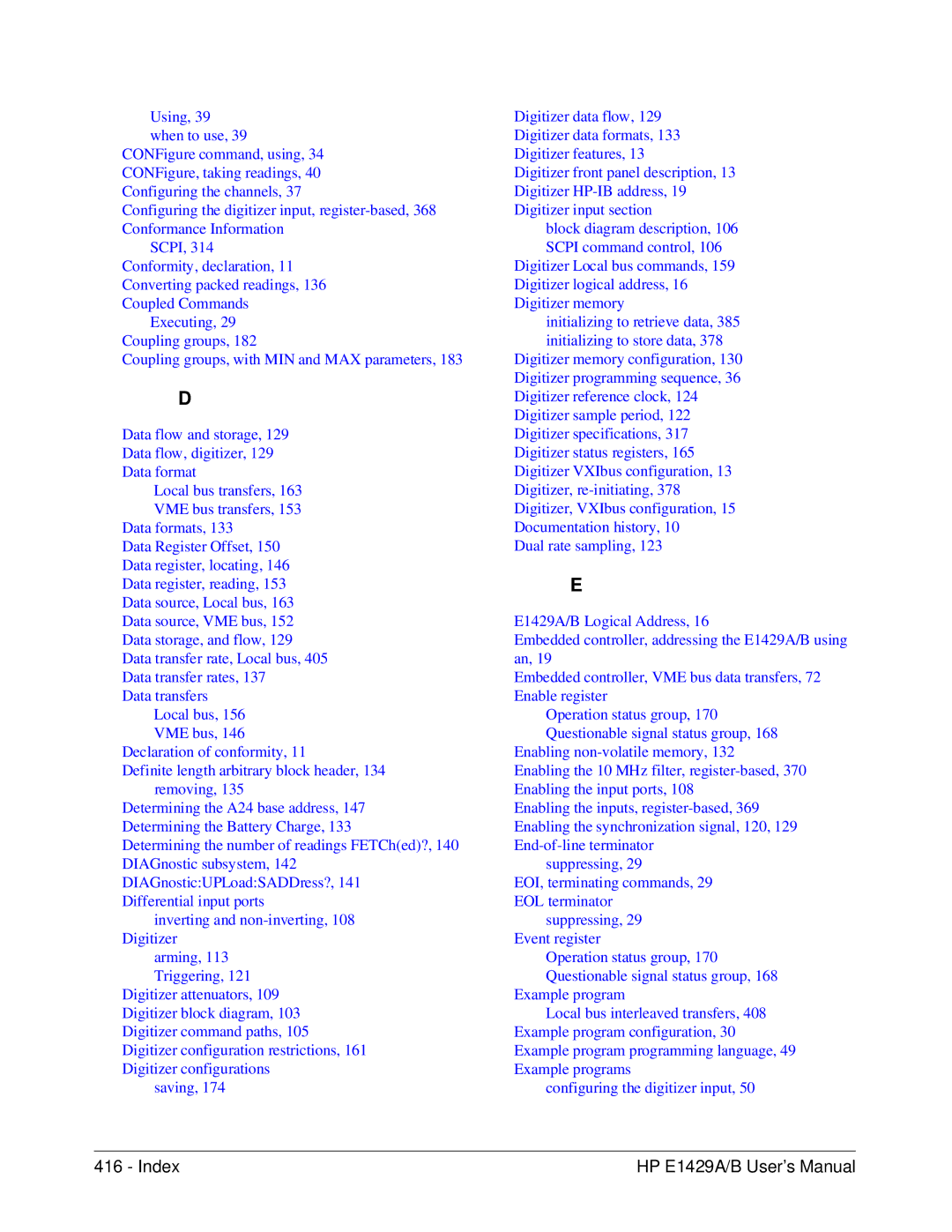 HP manual Index HP E1429A/B User’s Manual 