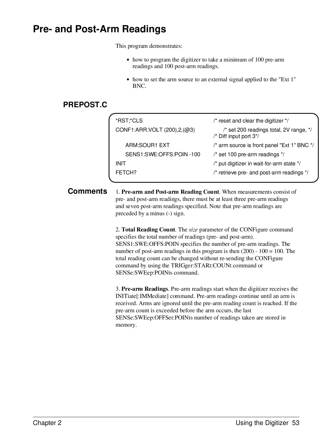 HP E1429A manual Pre- and Post-Arm Readings, Prepost.C, ARMSOUR1 EXT 