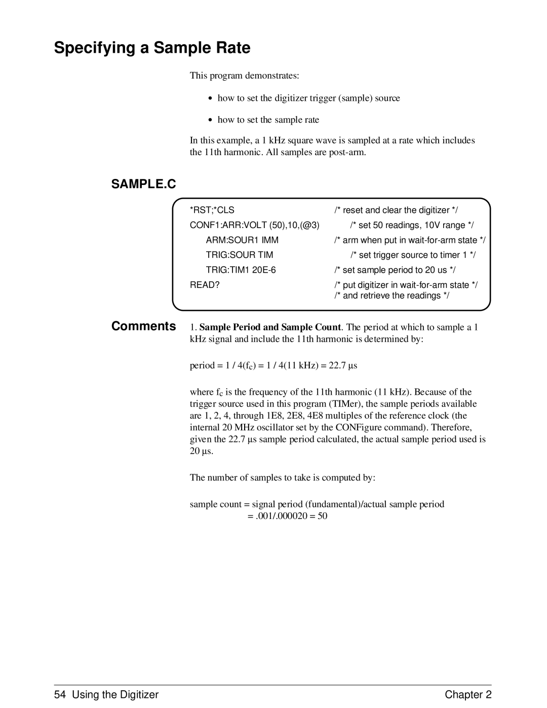 HP E1429A manual Specifying a Sample Rate, Sample.C, ARMSOUR1 IMM, Trigsour TIM 