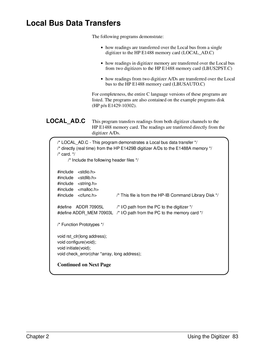 HP E1429A manual Local Bus Data Transfers 