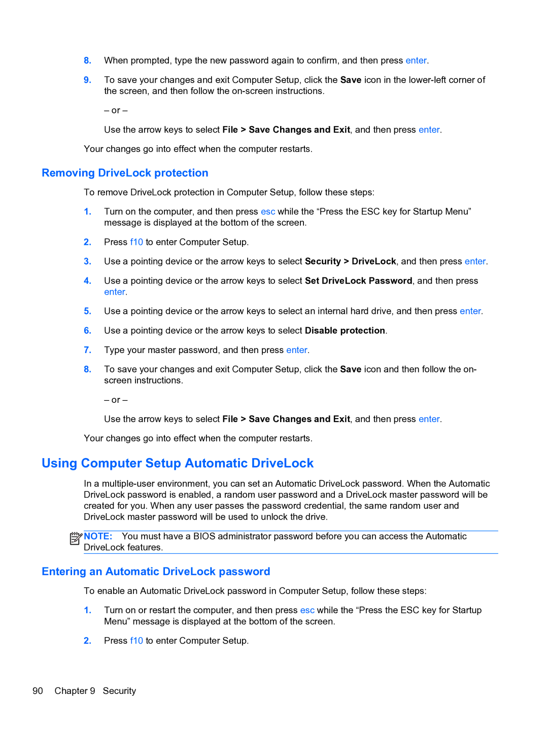 HP E1Y40U8 manual Using Computer Setup Automatic DriveLock, Removing DriveLock protection 