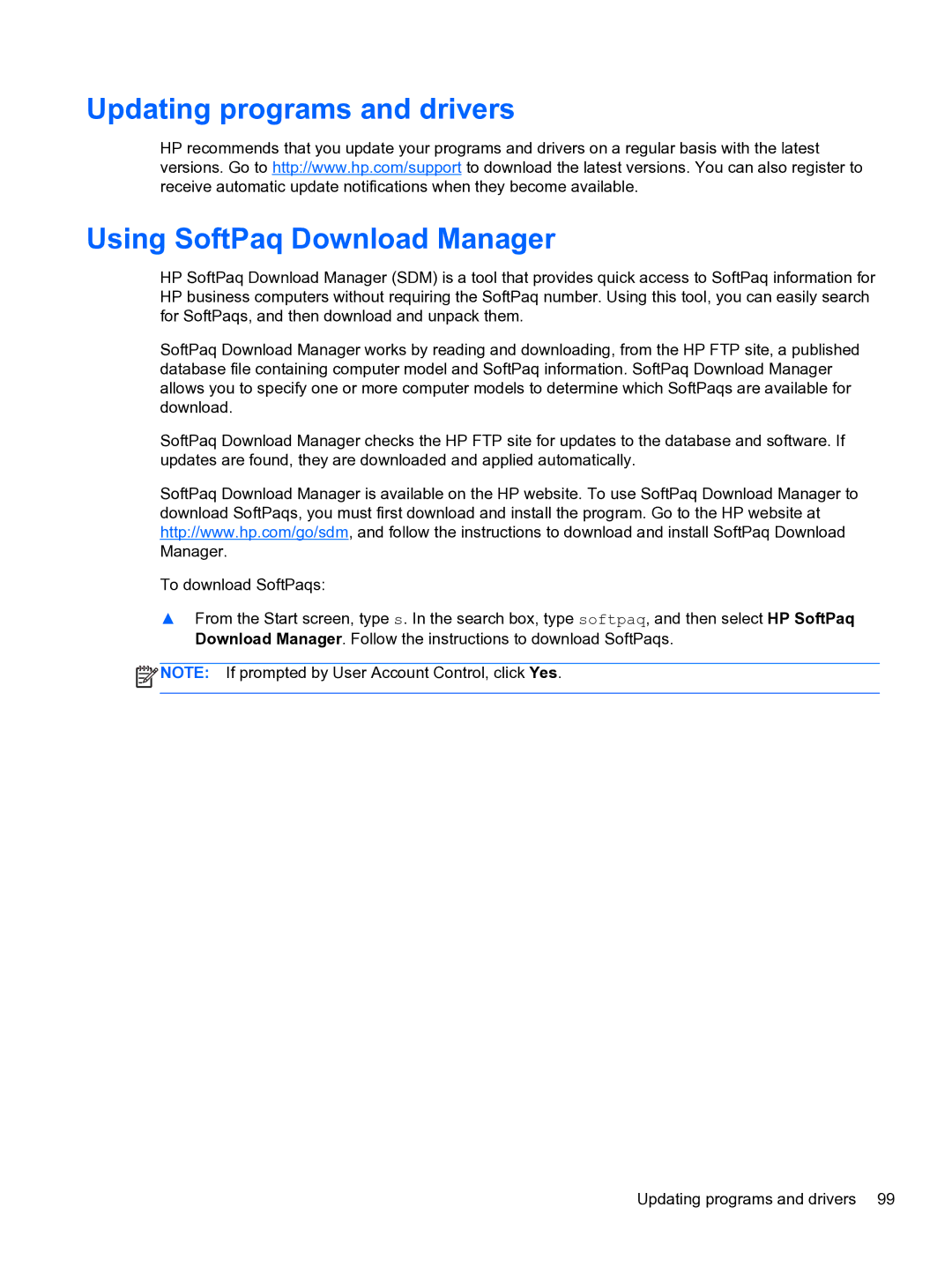 HP E1Y40U8 manual Updating programs and drivers Using SoftPaq Download Manager 