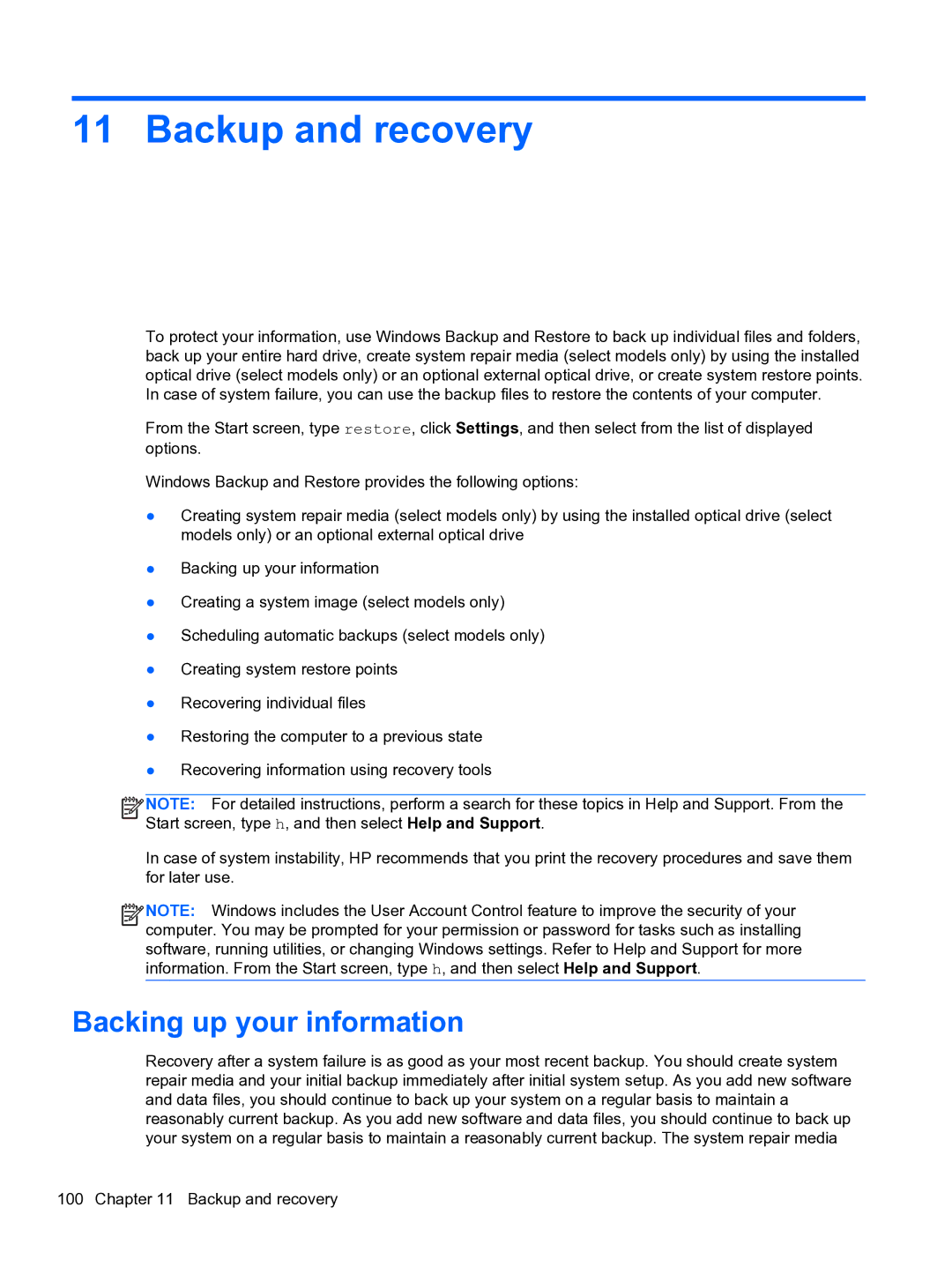 HP E1Y40U8 manual Backup and recovery, Backing up your information 
