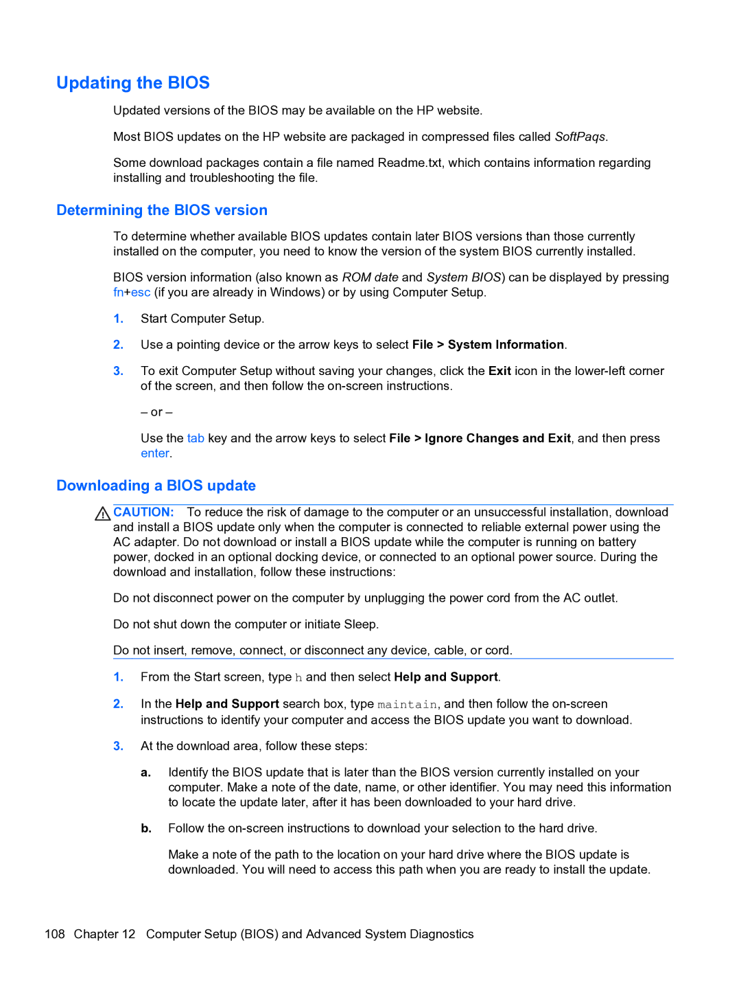 HP E1Y40U8 manual Updating the Bios, Determining the Bios version, Downloading a Bios update 