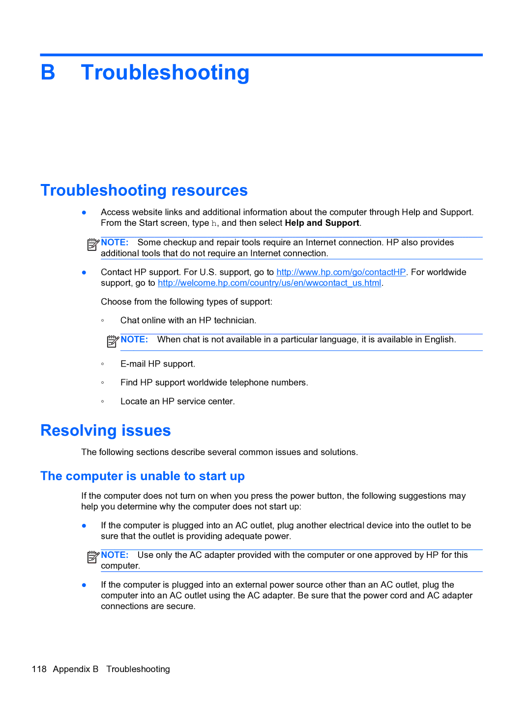 HP E1Y40U8 manual Troubleshooting resources, Resolving issues, Computer is unable to start up 