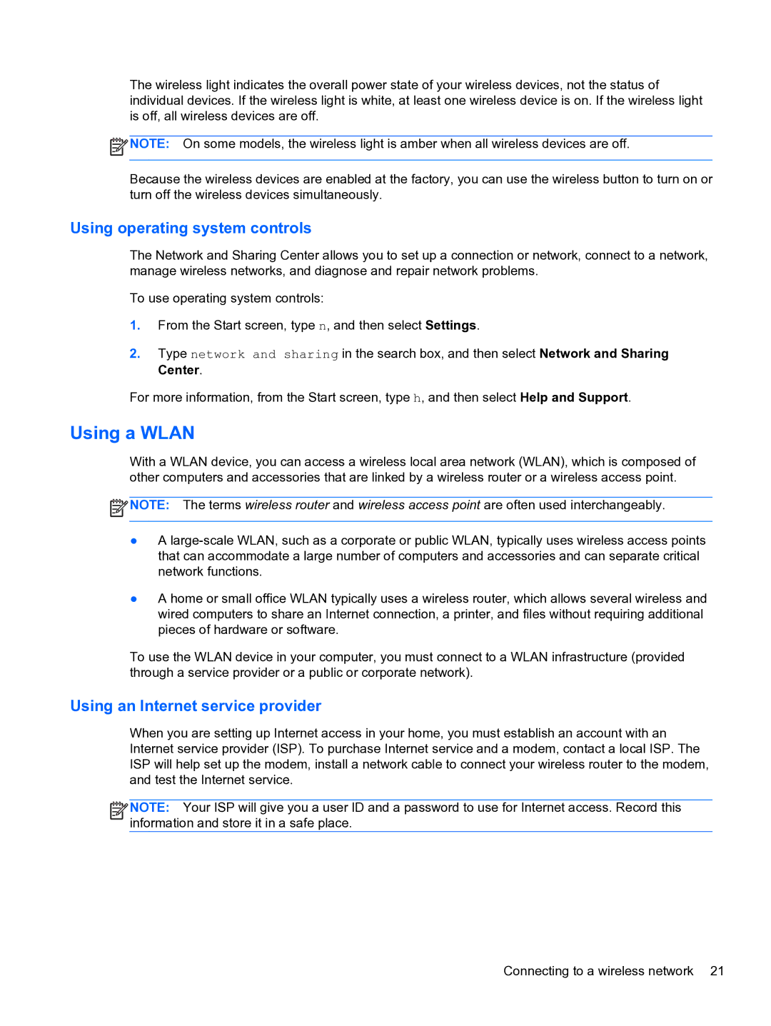 HP E1Y40U8 manual Using a Wlan, Using operating system controls, Using an Internet service provider 