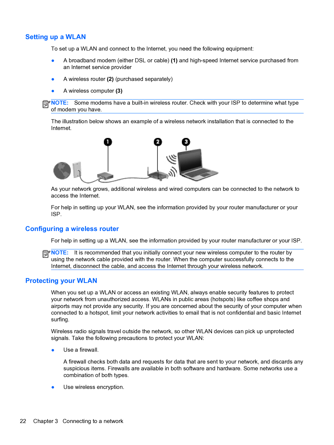 HP E1Y40U8 manual Setting up a Wlan, Configuring a wireless router, Protecting your Wlan 