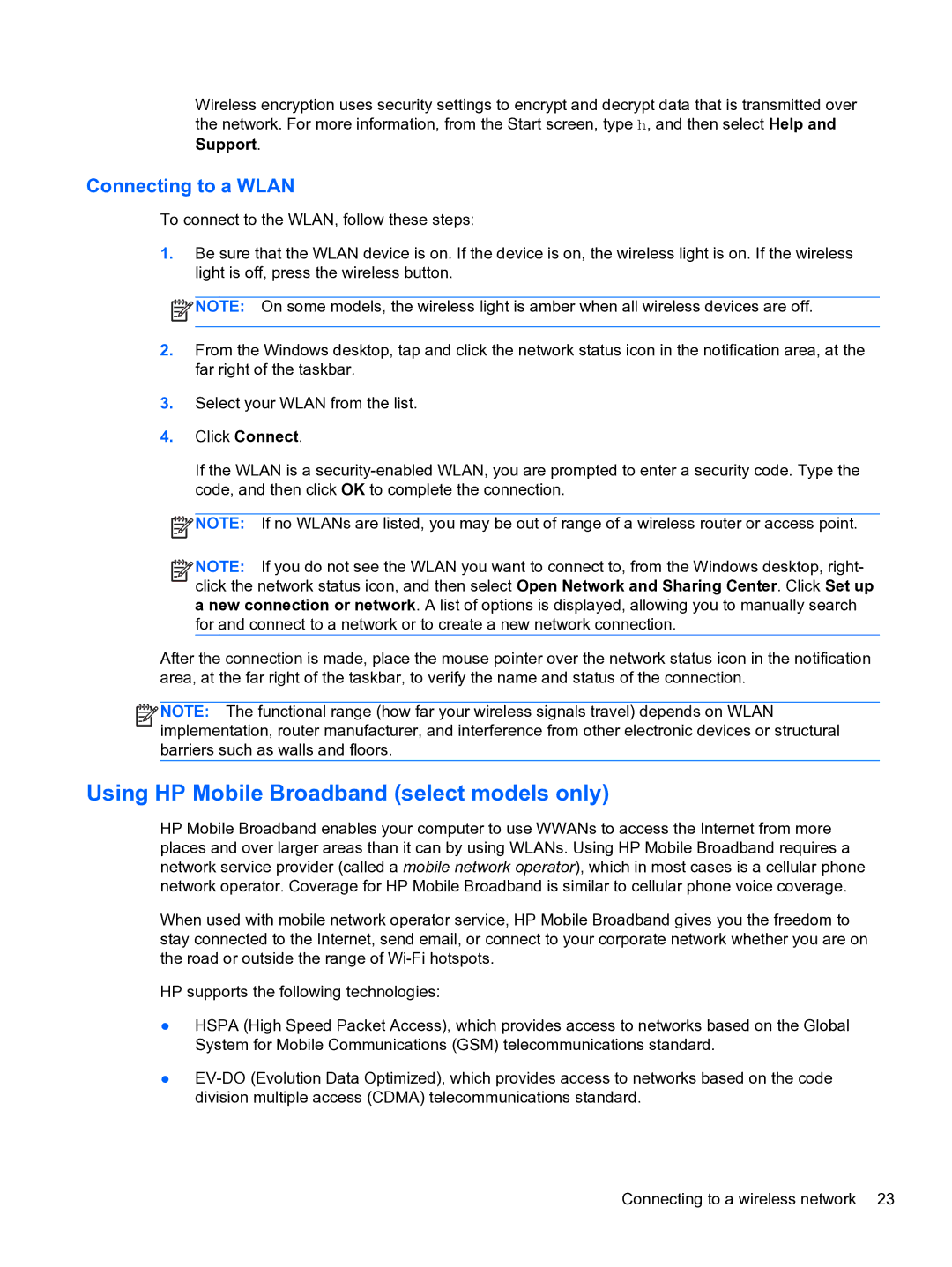 HP E1Y40U8 manual Using HP Mobile Broadband select models only, Connecting to a Wlan 