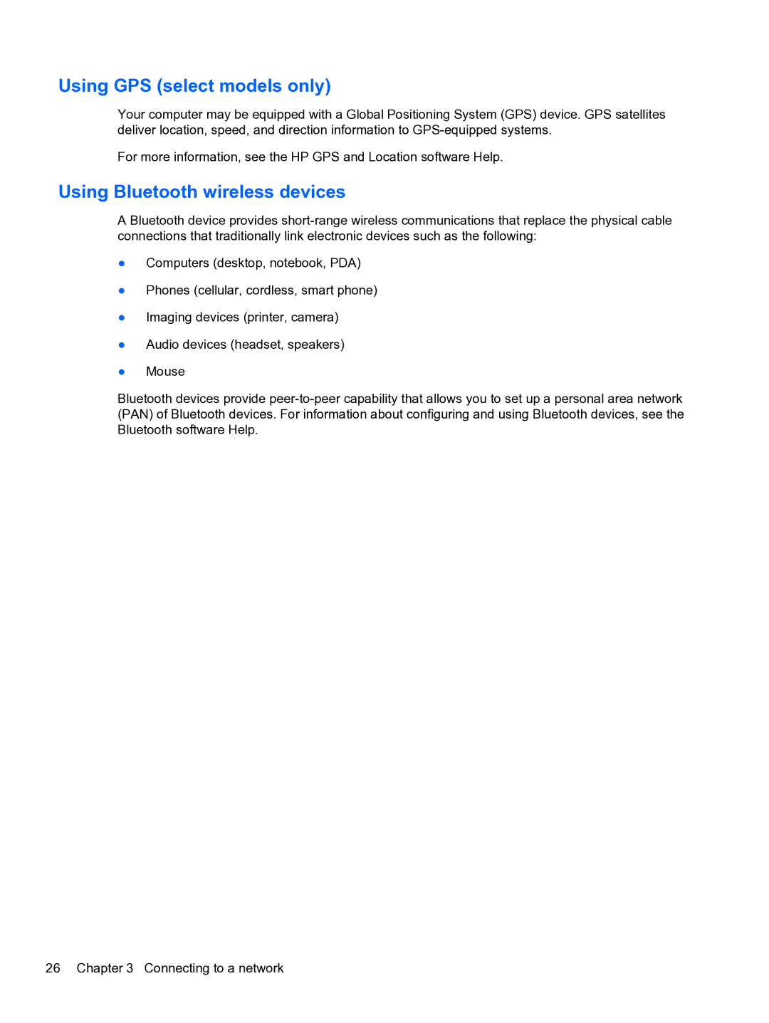 HP E1Y40U8 manual Using GPS select models only, Using Bluetooth wireless devices 