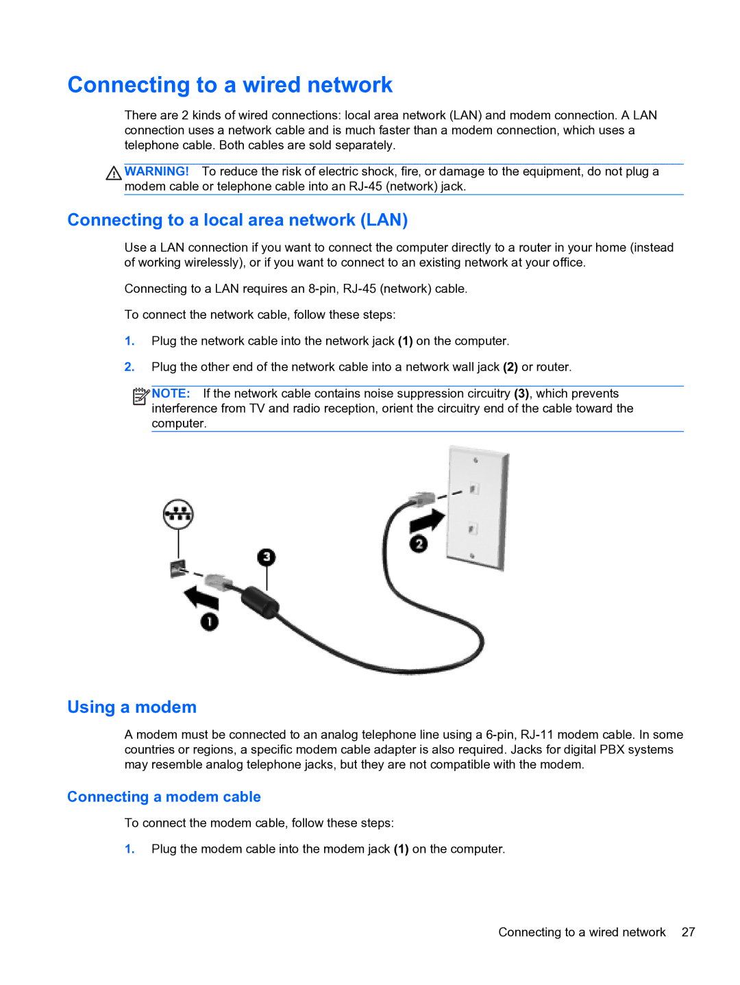 HP E1Y40U8 Connecting to a wired network, Connecting to a local area network LAN, Using a modem, Connecting a modem cable 