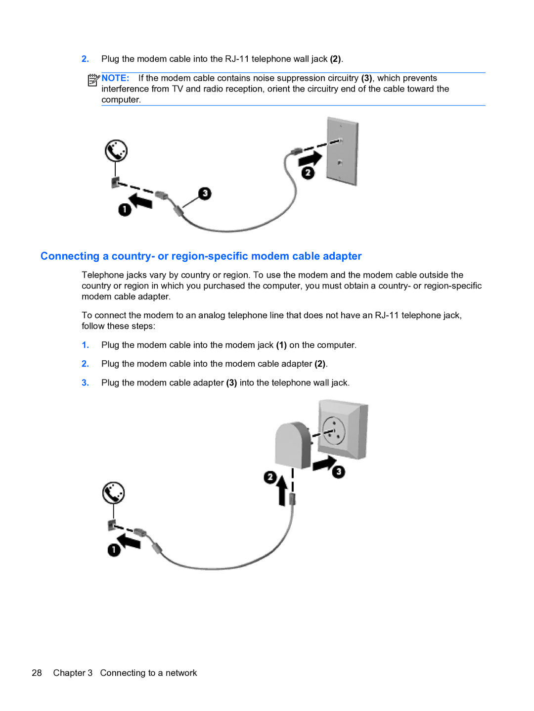 HP E1Y40U8 manual Connecting a country- or region-specific modem cable adapter 