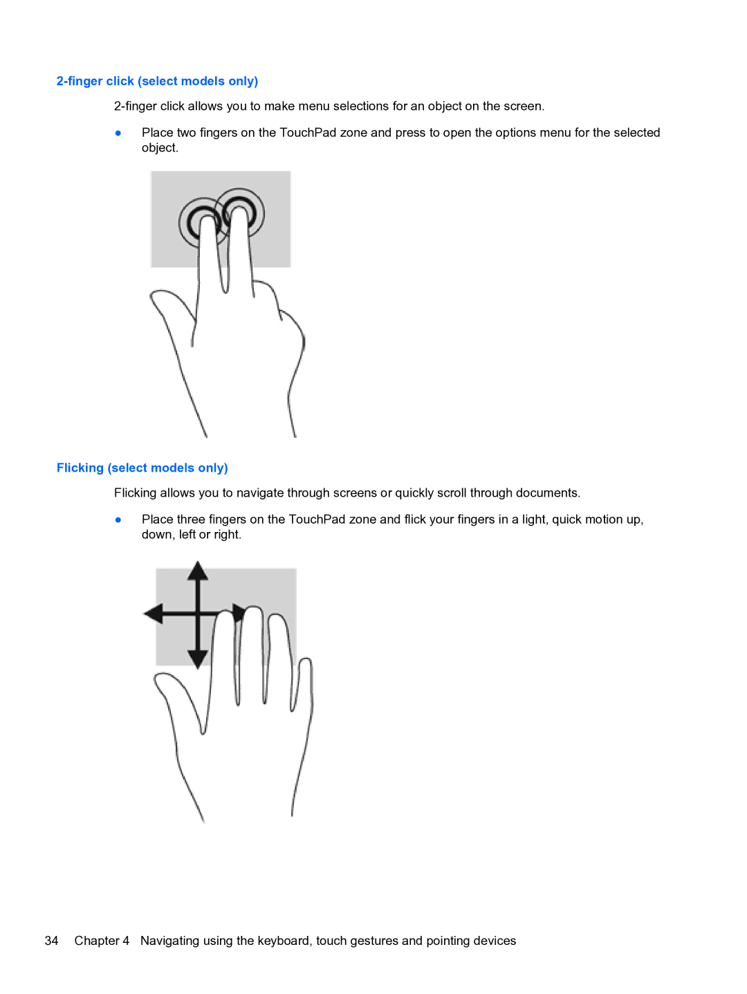 HP E1Y40U8 manual Finger click select models only, Flicking select models only 