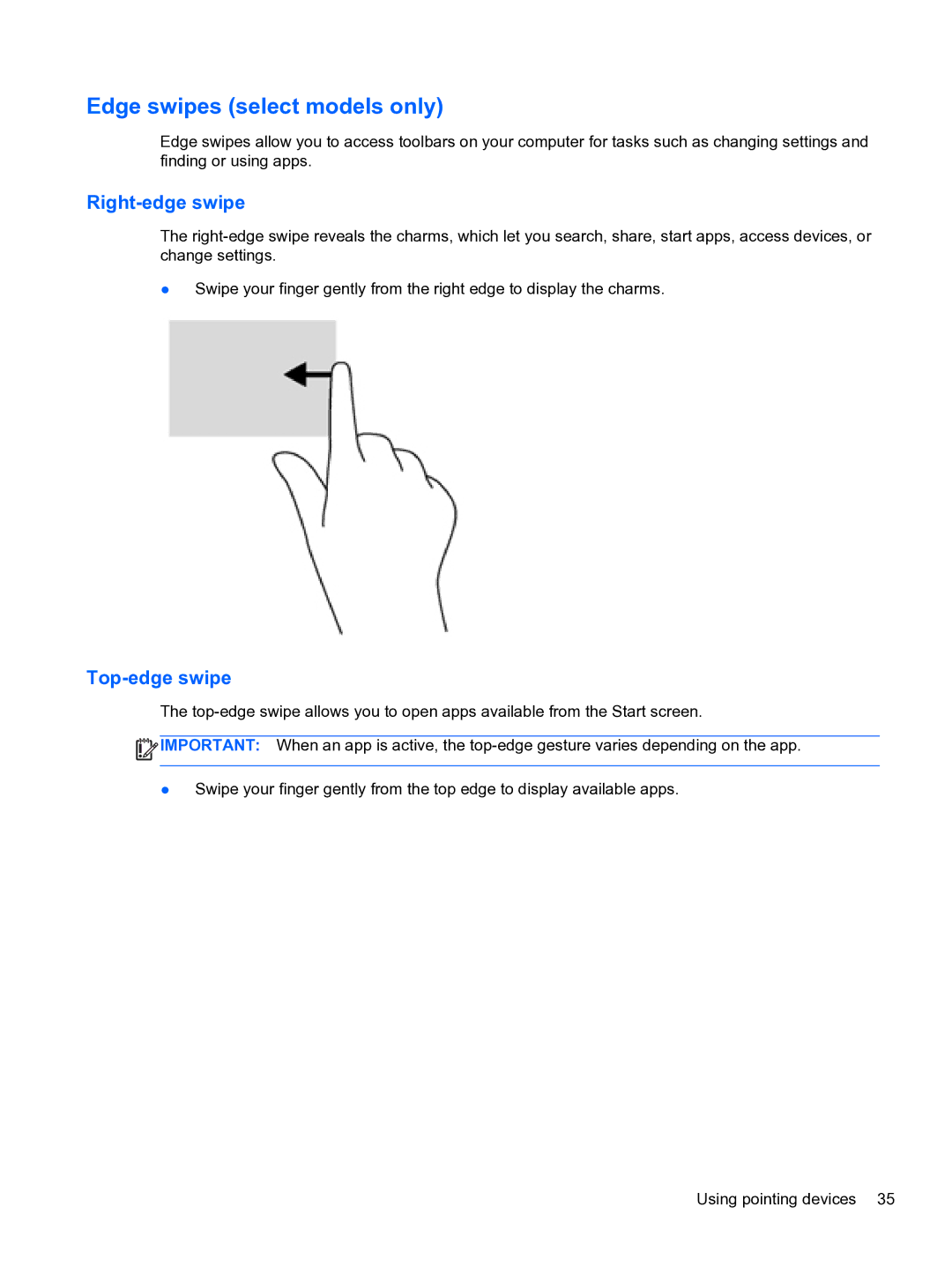 HP E1Y40U8 manual Edge swipes select models only, Right-edge swipe, Top-edge swipe 