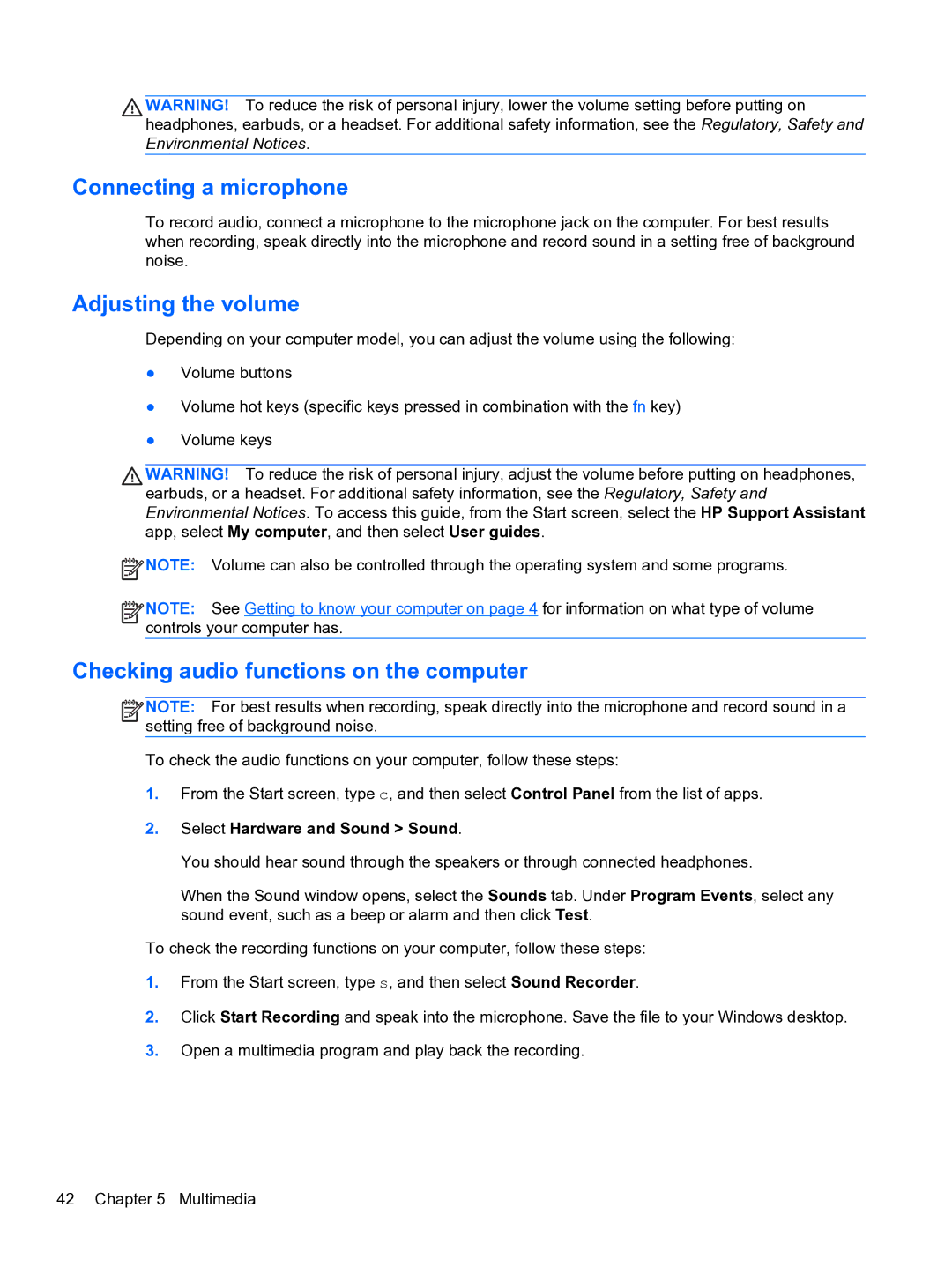 HP E1Y40U8 manual Connecting a microphone, Adjusting the volume, Checking audio functions on the computer 