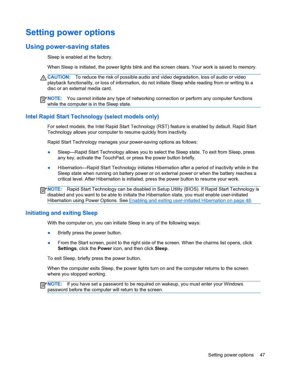 HP E1Y40U8 manual Setting power options, Using power-saving states, Intel Rapid Start Technology select models only 