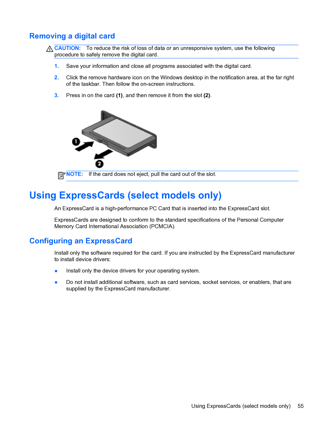 HP E1Y40U8 manual Using ExpressCards select models only, Removing a digital card, Configuring an ExpressCard 