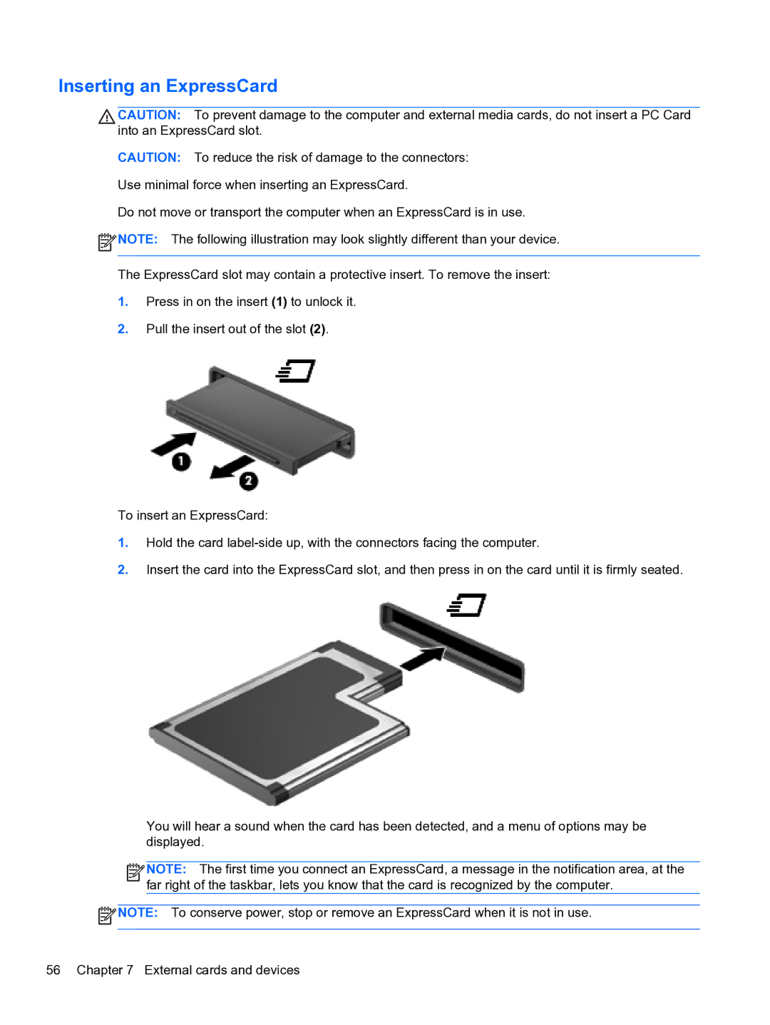 HP E1Y40U8 manual Inserting an ExpressCard 