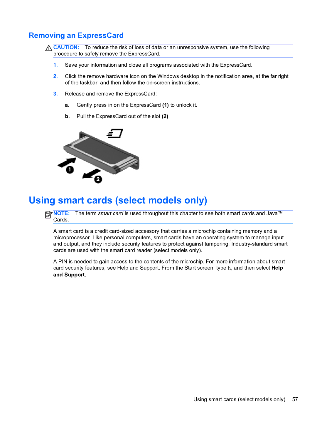 HP E1Y40U8 manual Using smart cards select models only, Removing an ExpressCard 