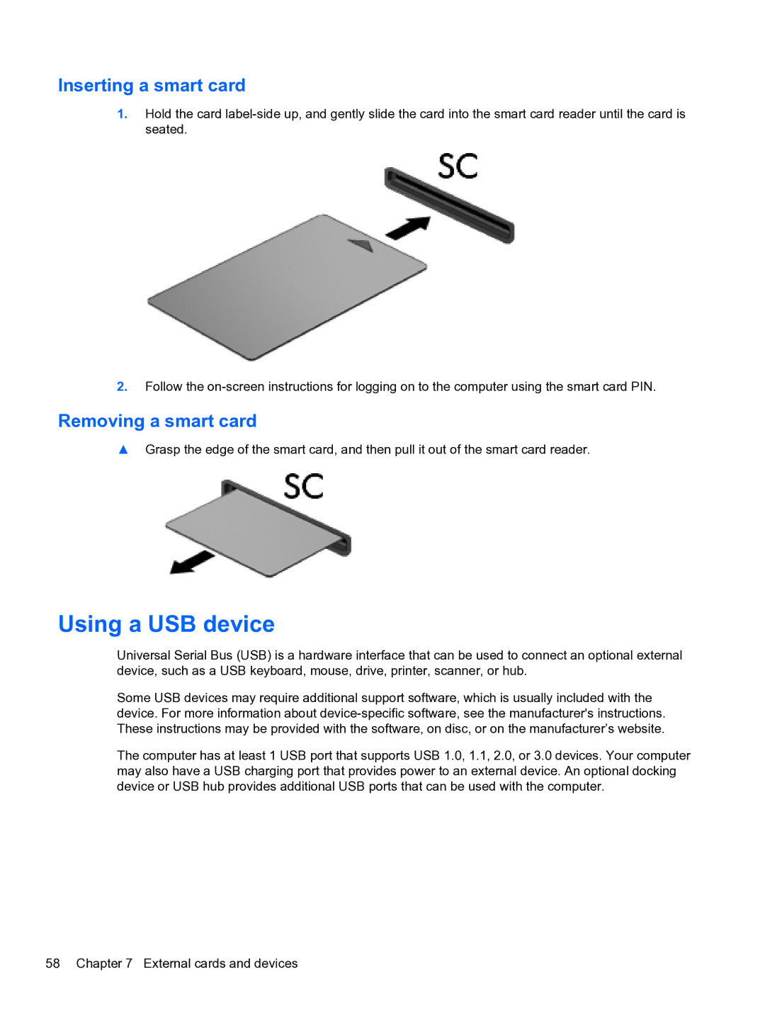 HP E1Y40U8 manual Using a USB device, Inserting a smart card, Removing a smart card 