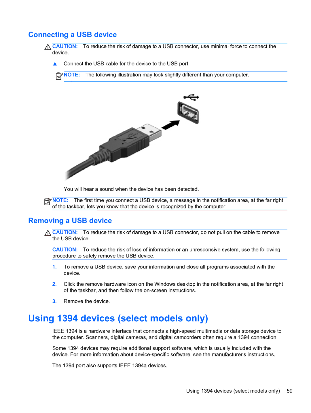 HP E1Y40U8 manual Using 1394 devices select models only, Connecting a USB device, Removing a USB device 