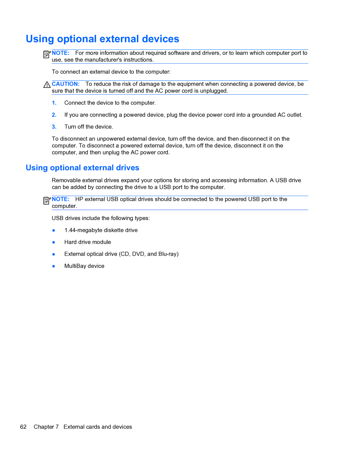 HP E1Y40U8 manual Using optional external devices, Using optional external drives 