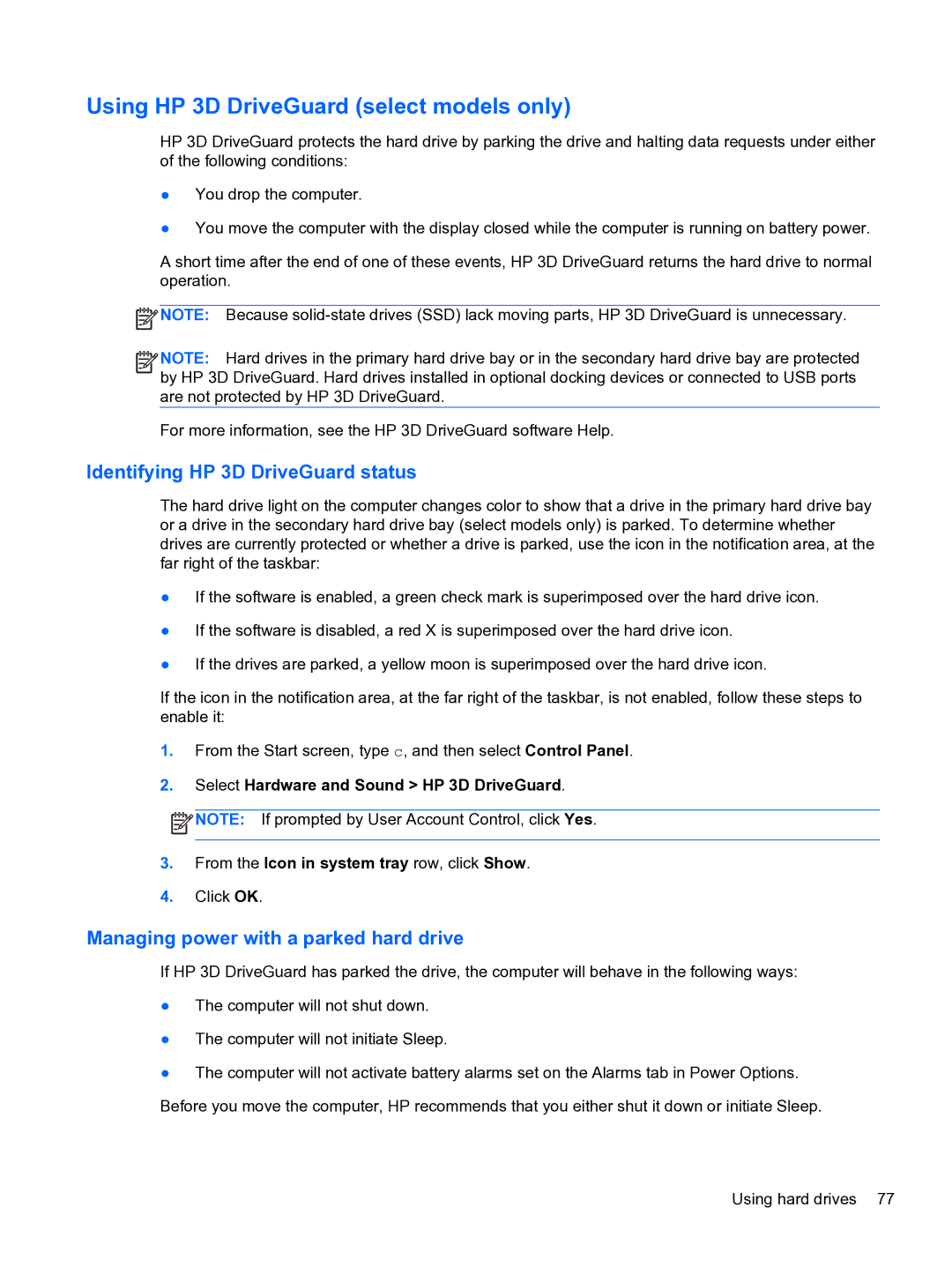 HP E1Y40U8 manual Using HP 3D DriveGuard select models only, Identifying HP 3D DriveGuard status 