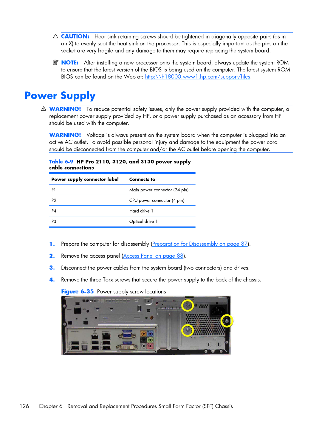 HP E1Y97UT 11.6' E1Y97UT#ABA manual Power Supply, 9HP Pro 2110, 3120, and 3130 power supply cable connections 