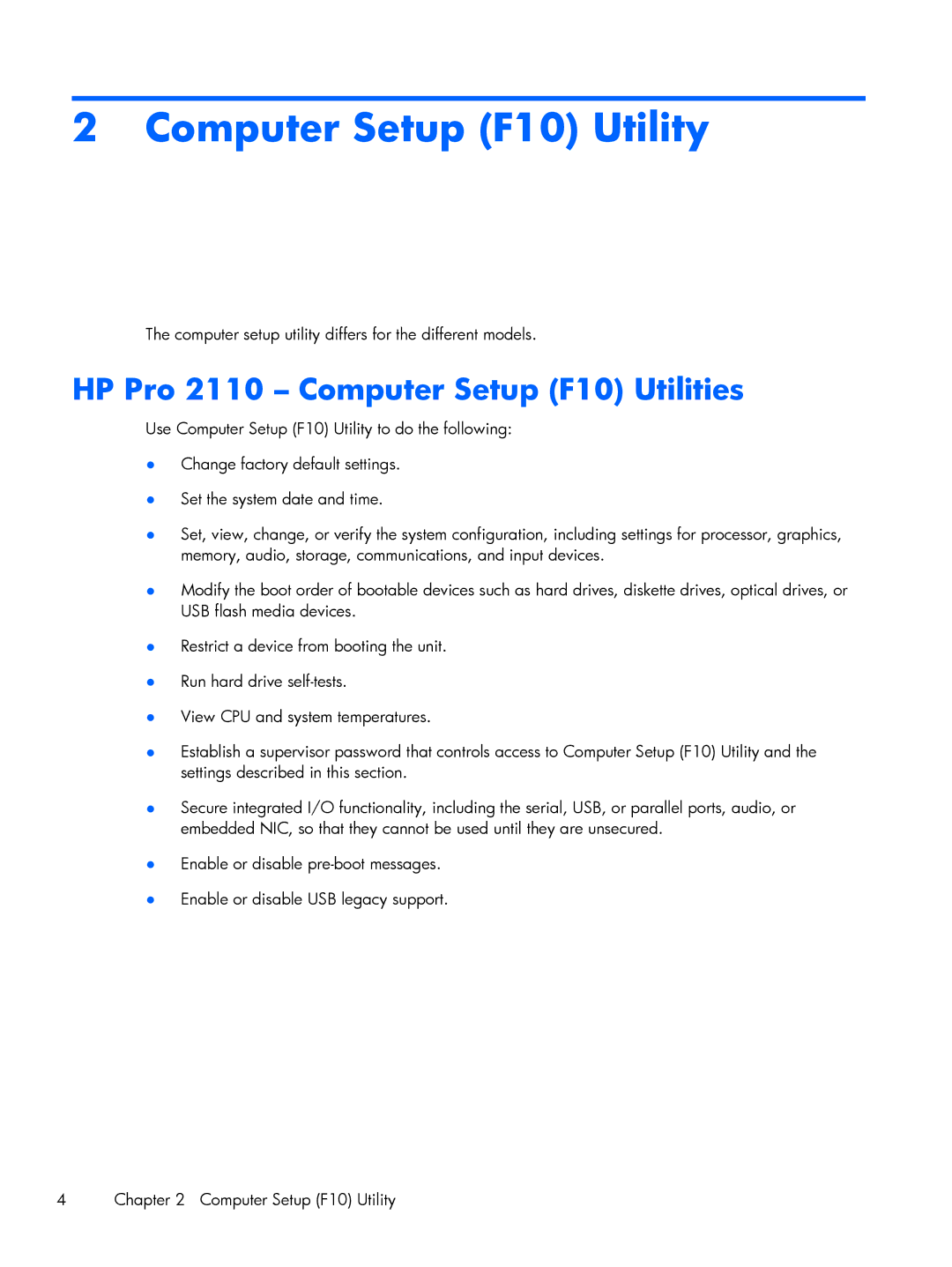 HP E1Y97UT 11.6' E1Y97UT#ABA manual HP Pro 2110 Computer Setup F10 Utilities 