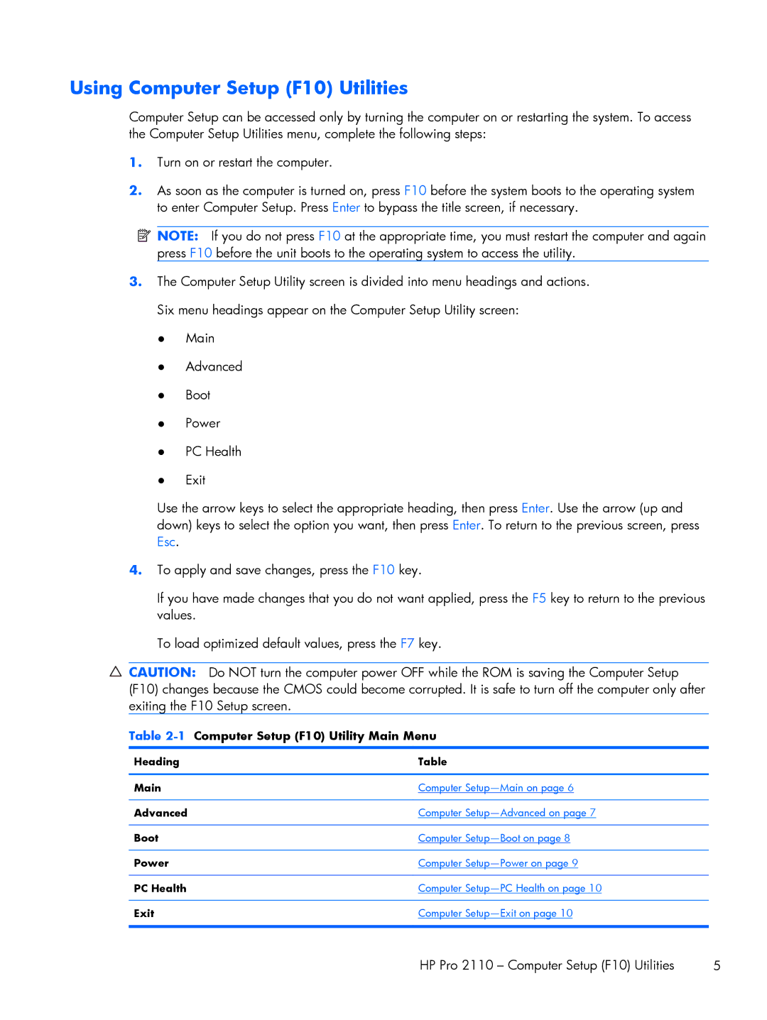 HP E1Y97UT 11.6' E1Y97UT#ABA manual Using Computer Setup F10 Utilities, HP Pro 2110 Computer Setup F10 Utilities 