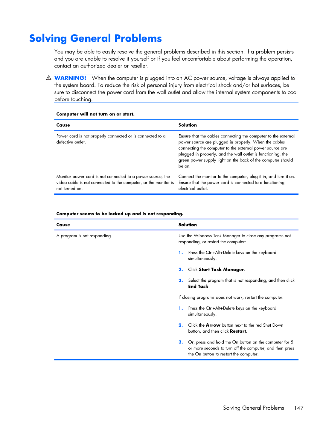 HP E1Y97UT 11.6' E1Y97UT#ABA manual Solving General Problems, Computer will not turn on or start Cause Solution 