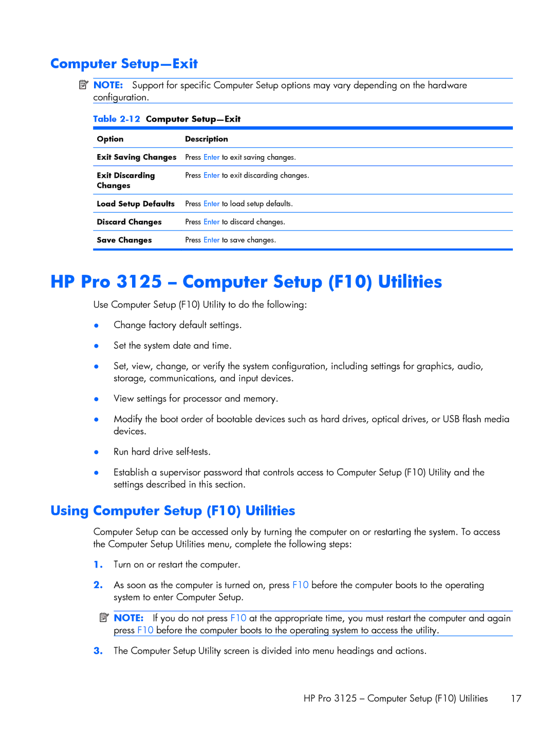 HP E1Y97UT 11.6' E1Y97UT#ABA manual HP Pro 3125 Computer Setup F10 Utilities, 12Computer Setup-Exit 