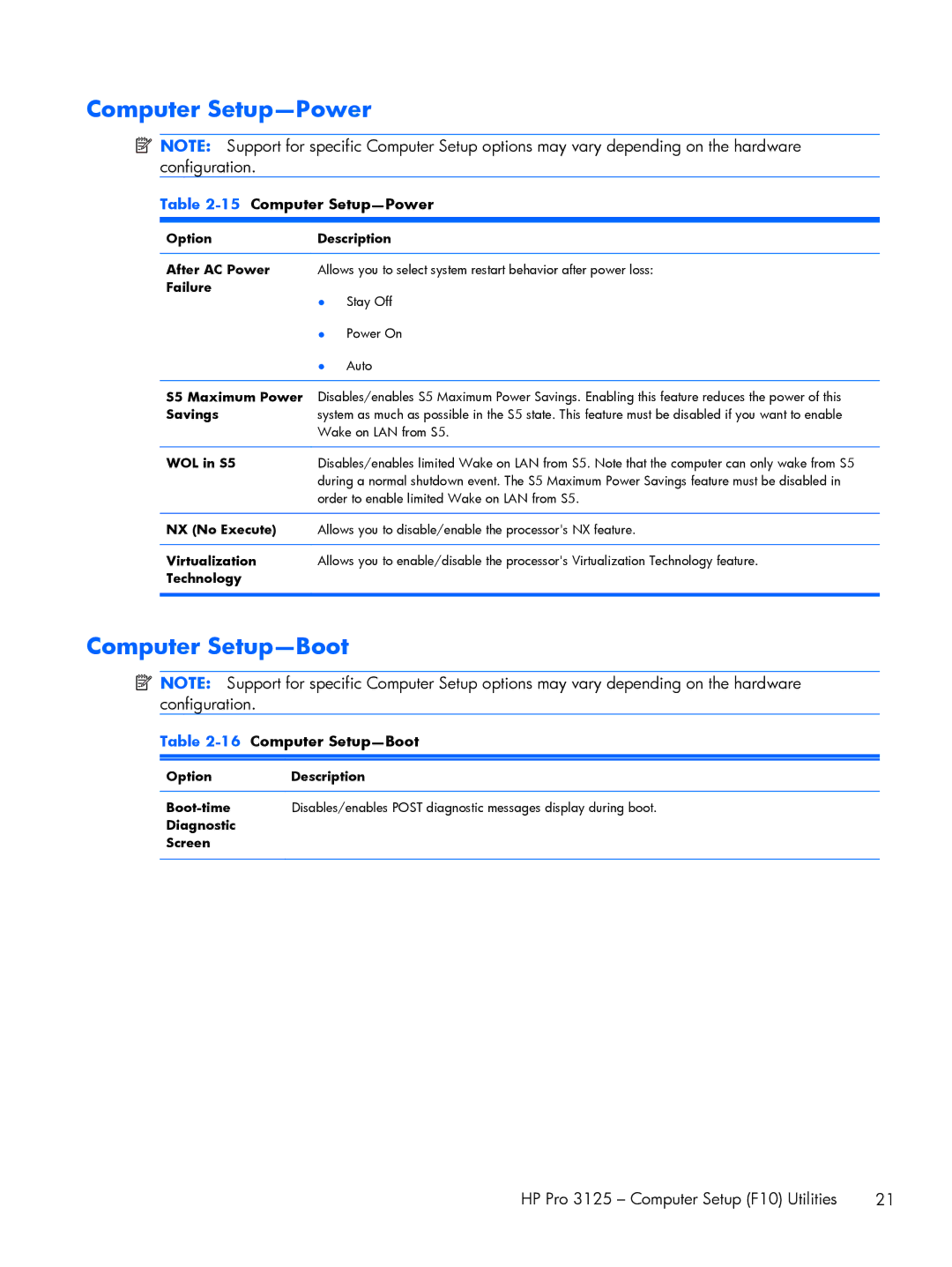 HP E1Y97UT 11.6' E1Y97UT#ABA manual 15Computer Setup-Power, 16Computer Setup-Boot, NX No Execute, Technology 