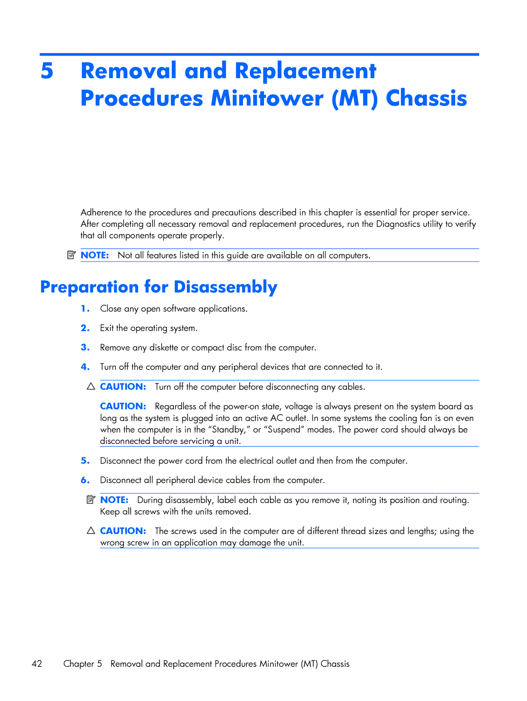 HP E1Y97UT 11.6' E1Y97UT#ABA manual Removal and Replacement Procedures Minitower MT Chassis, Preparation for Disassembly 