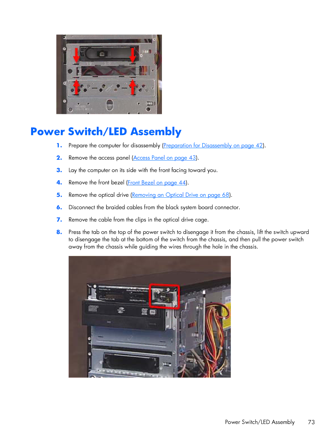 HP E1Y97UT 11.6' E1Y97UT#ABA manual Power Switch/LED Assembly, Remove the optical drive Removing an Optical Drive on 