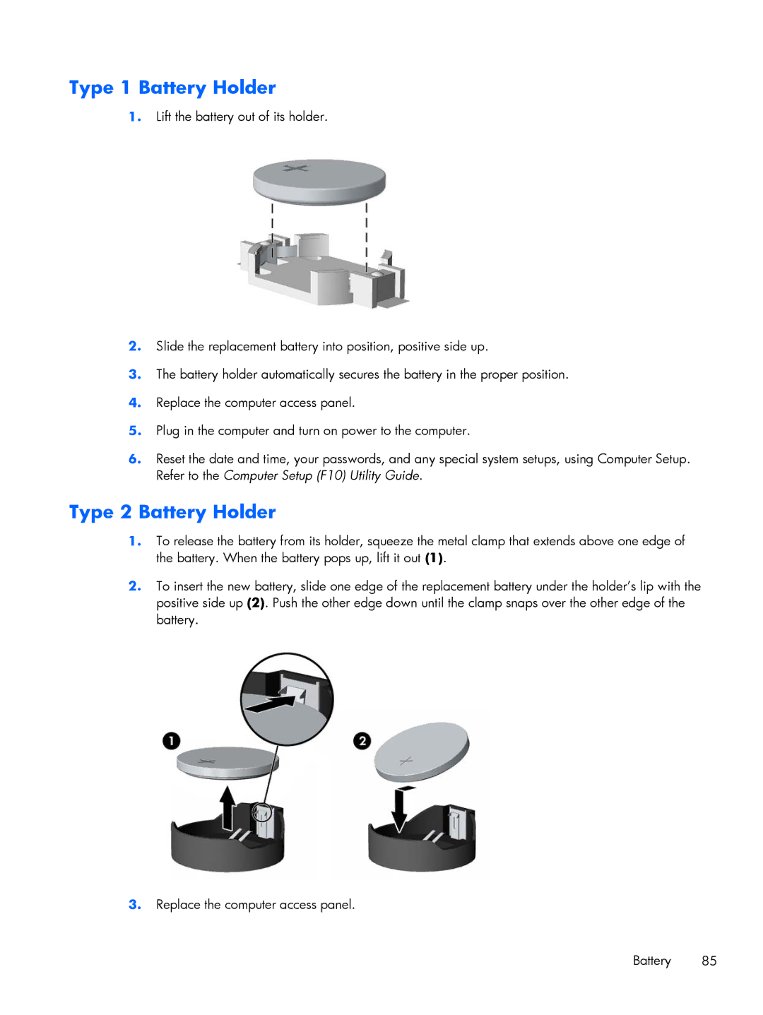 HP E1Y97UT 11.6' E1Y97UT#ABA manual Type 1 Battery Holder, Type 2 Battery Holder 