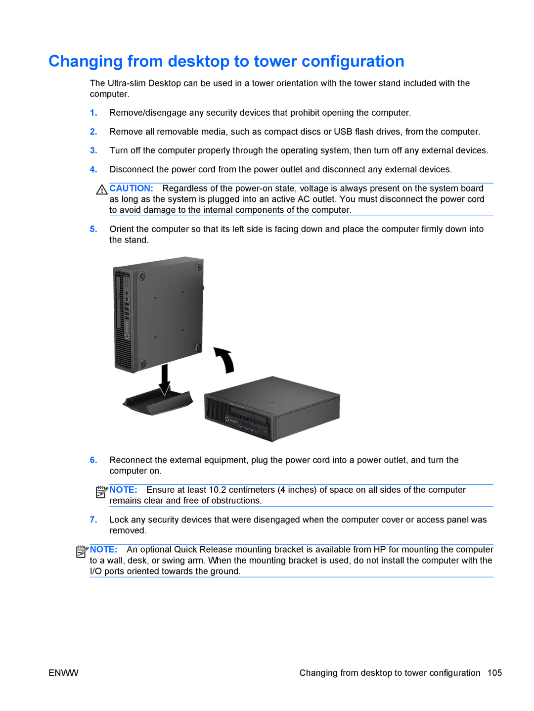 HP E1Z94UT E1Z94UT#ABA manual Changing from desktop to tower configuration 