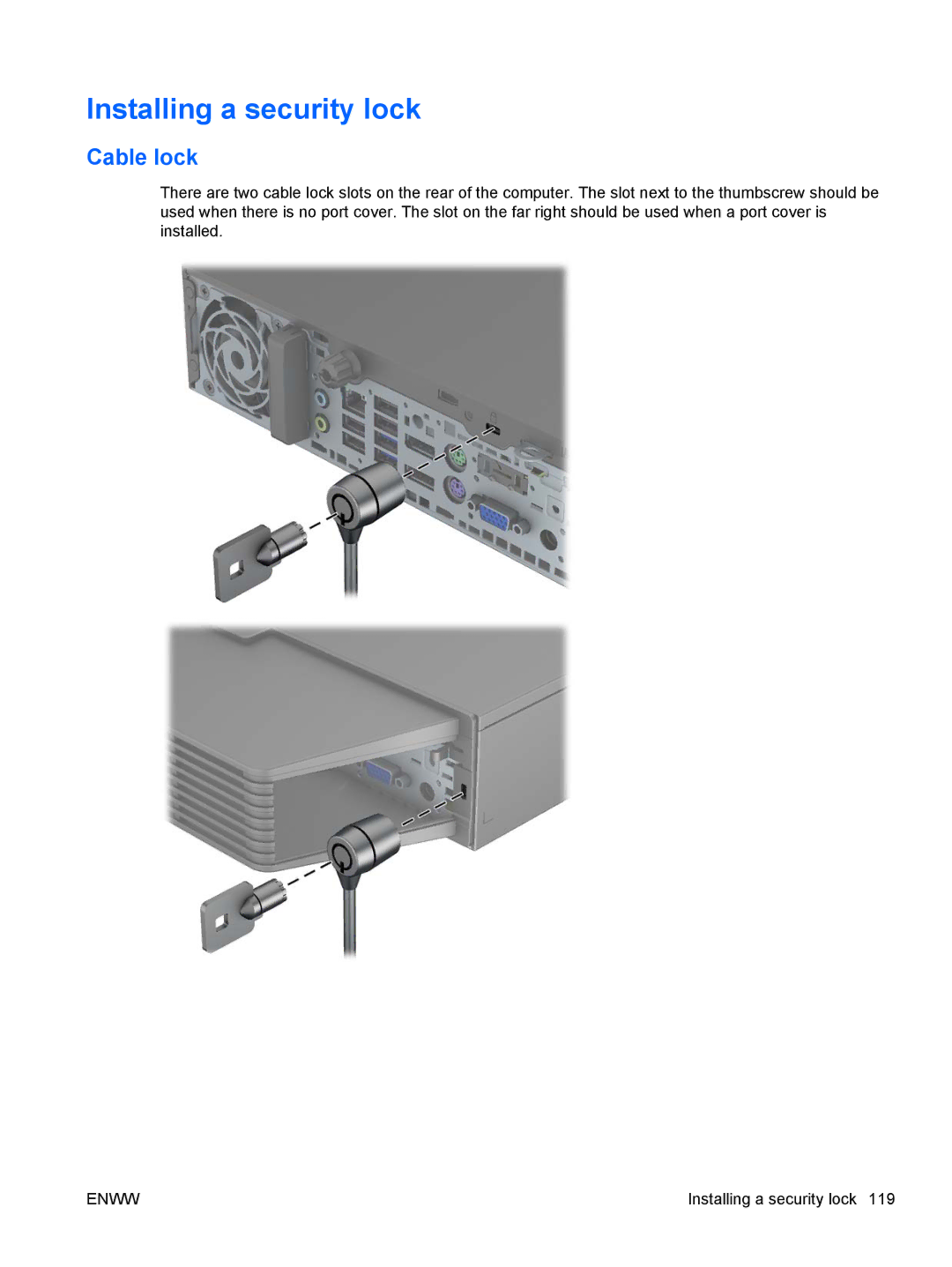 HP E1Z94UT E1Z94UT#ABA manual Installing a security lock, Cable lock 