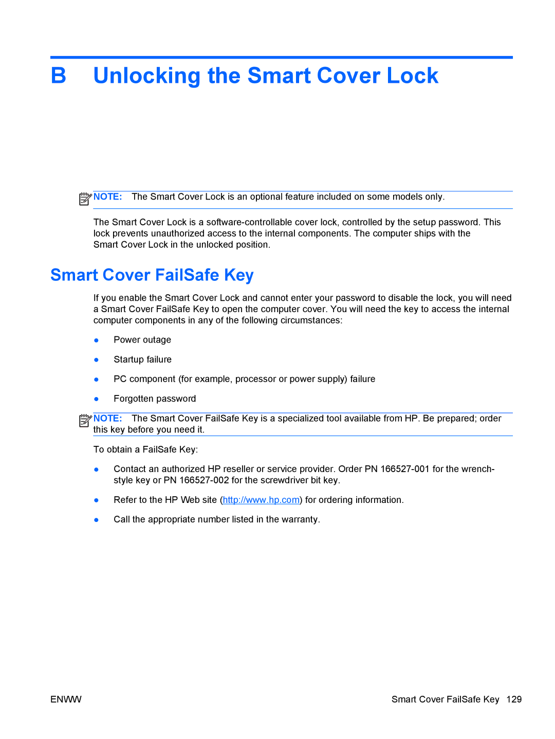 HP E1Z94UT E1Z94UT#ABA manual Unlocking the Smart Cover Lock, Smart Cover FailSafe Key 