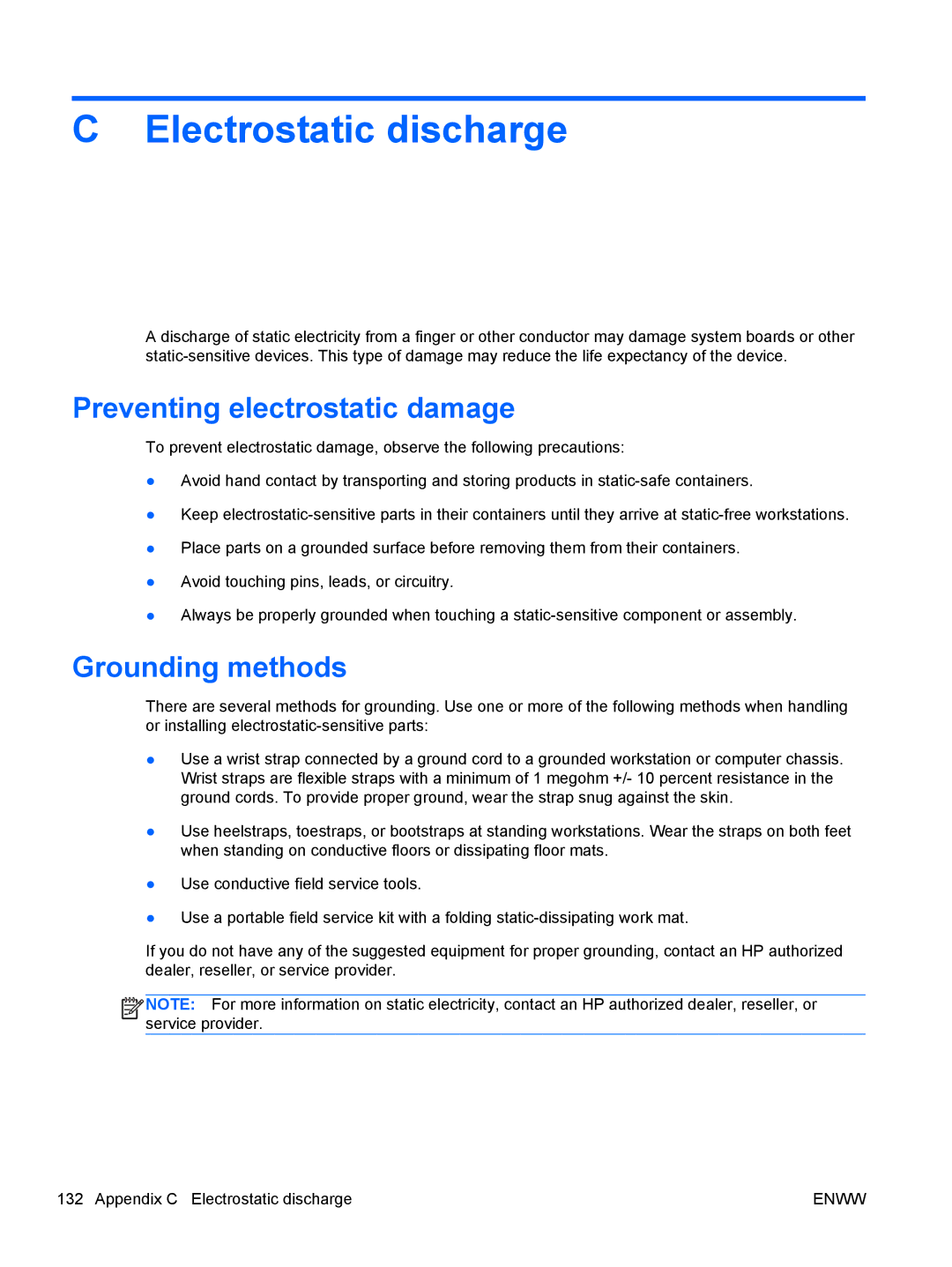 HP E1Z94UT E1Z94UT#ABA manual Preventing electrostatic damage, Grounding methods 