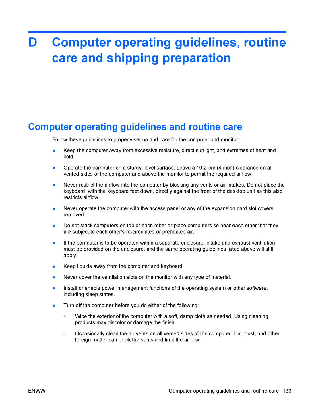 HP E1Z94UT E1Z94UT#ABA manual Computer operating guidelines and routine care 