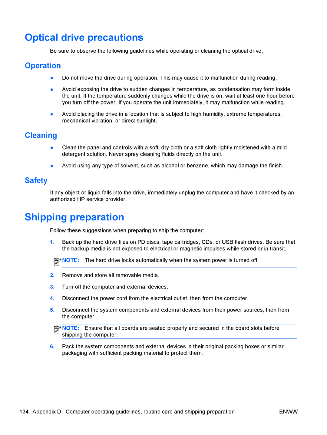 HP E1Z94UT E1Z94UT#ABA manual Optical drive precautions, Shipping preparation, Operation, Cleaning, Safety 