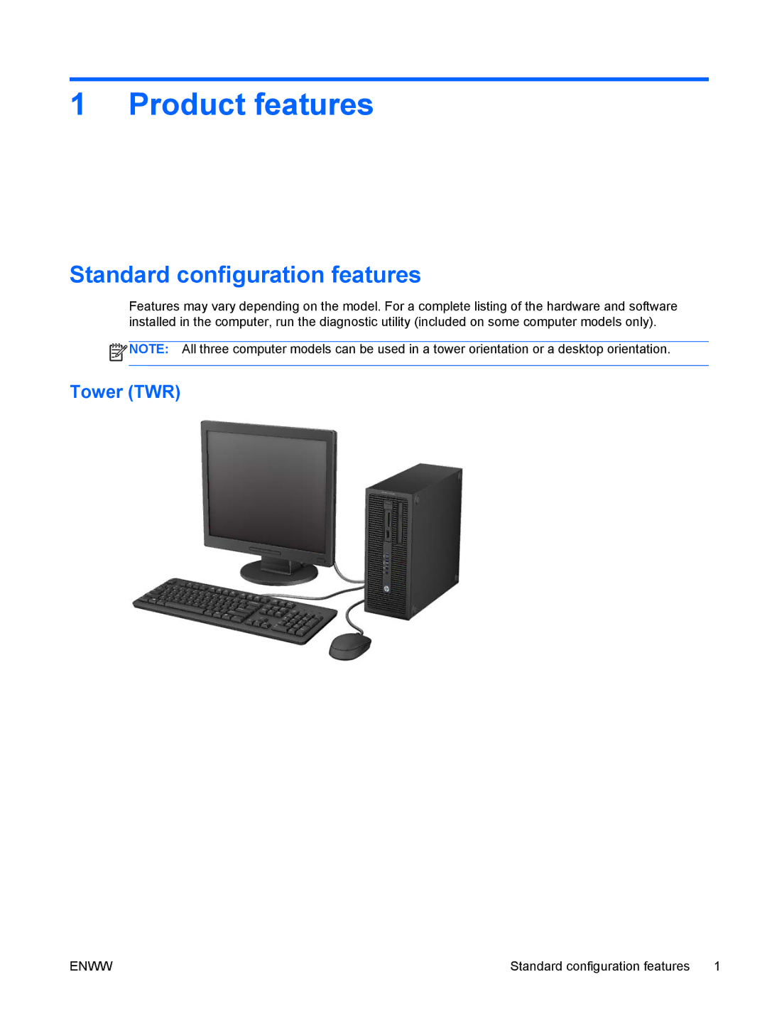 HP E1Z94UT E1Z94UT#ABA manual Standard configuration features, Tower TWR 