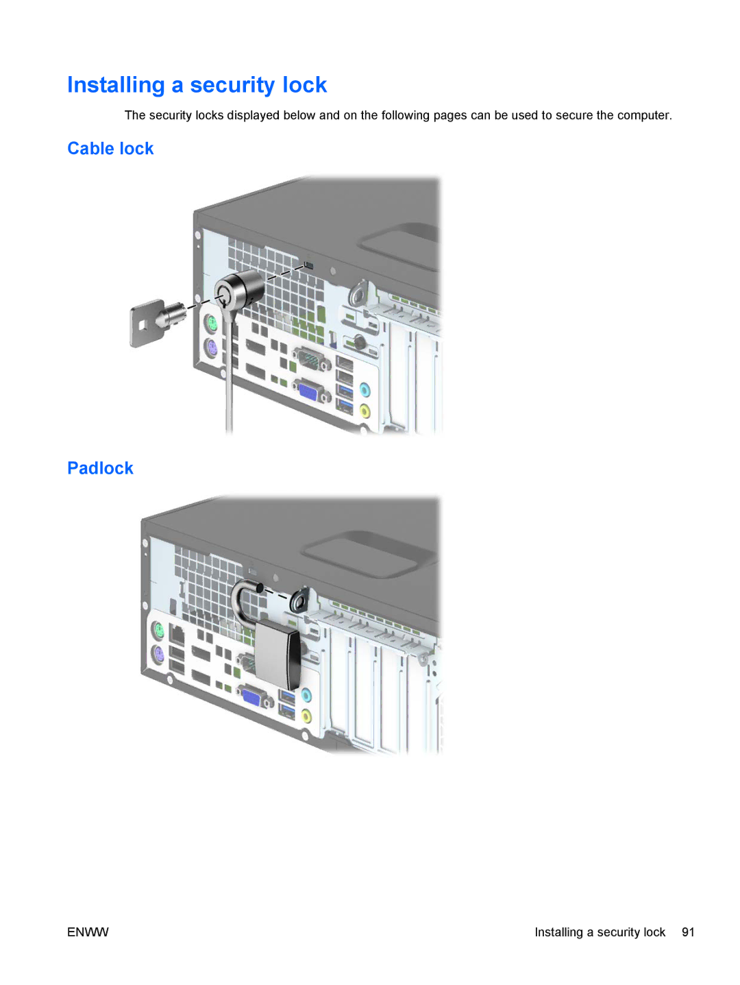 HP E1Z94UT E1Z94UT#ABA manual Installing a security lock 