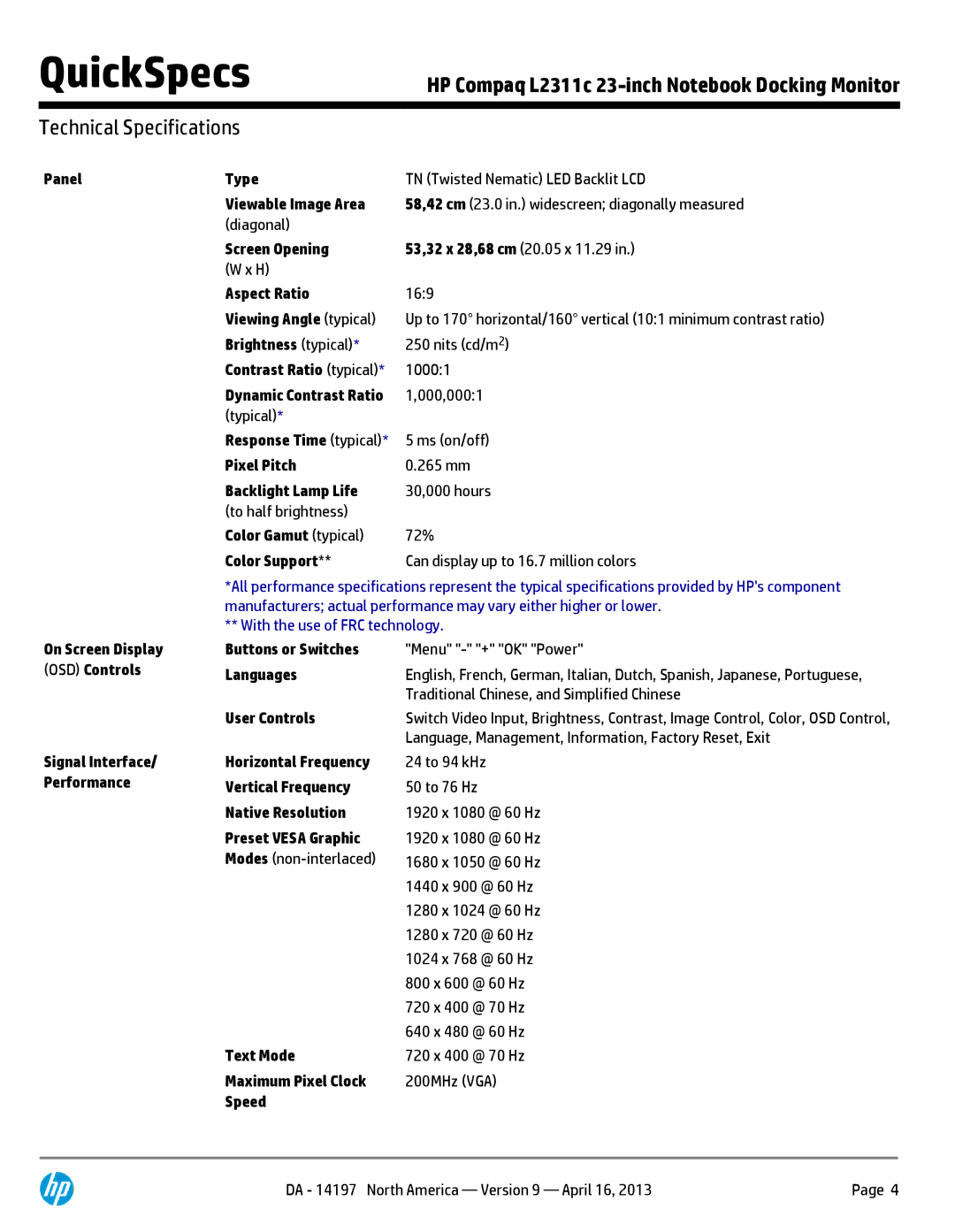 HP E2 2000 H6U09AAABA Panel, Type, Viewable Image Area, Screen Opening, Aspect Ratio, Brightness typical, Pixel Pitch 