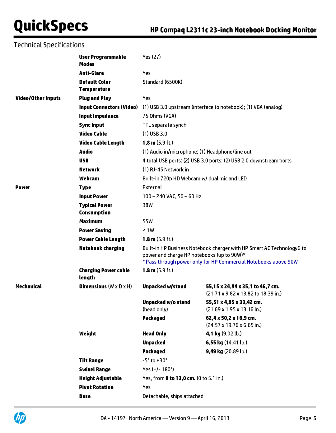 HP E2 2000 H6U09AAABA manual Power and charge HP notebooks up to 90W, DA 14197 North America Version 9 April 16 