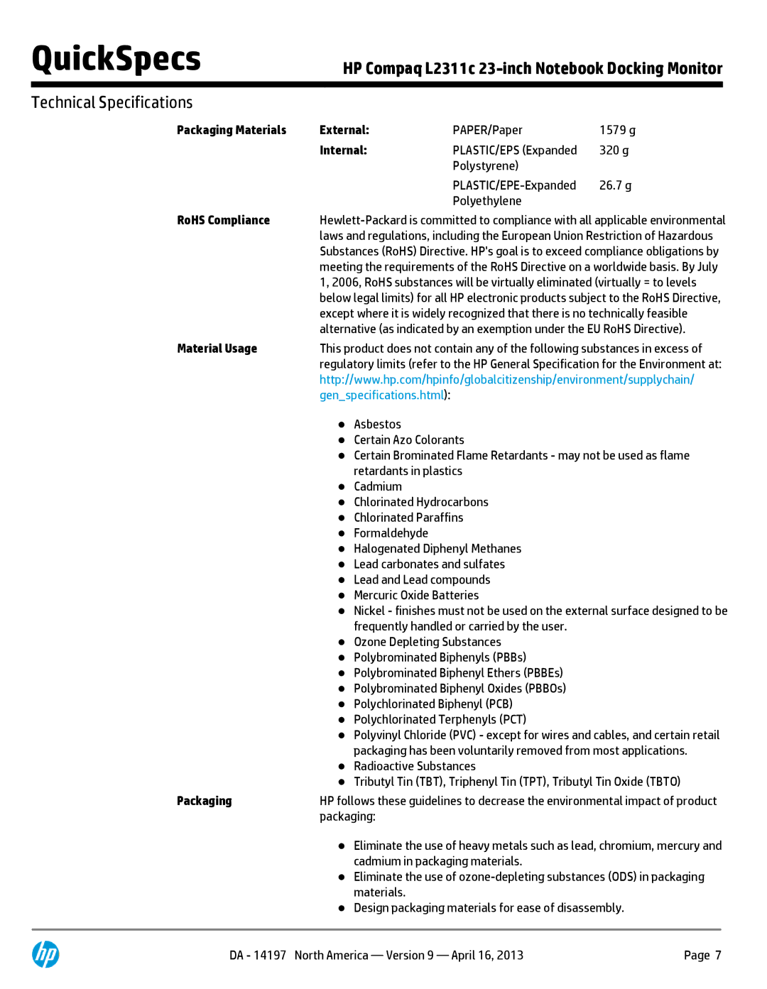 HP E2 2000 H6U09AAABA manual Packaging Materials External, Internal, RoHS Compliance, Material Usage 