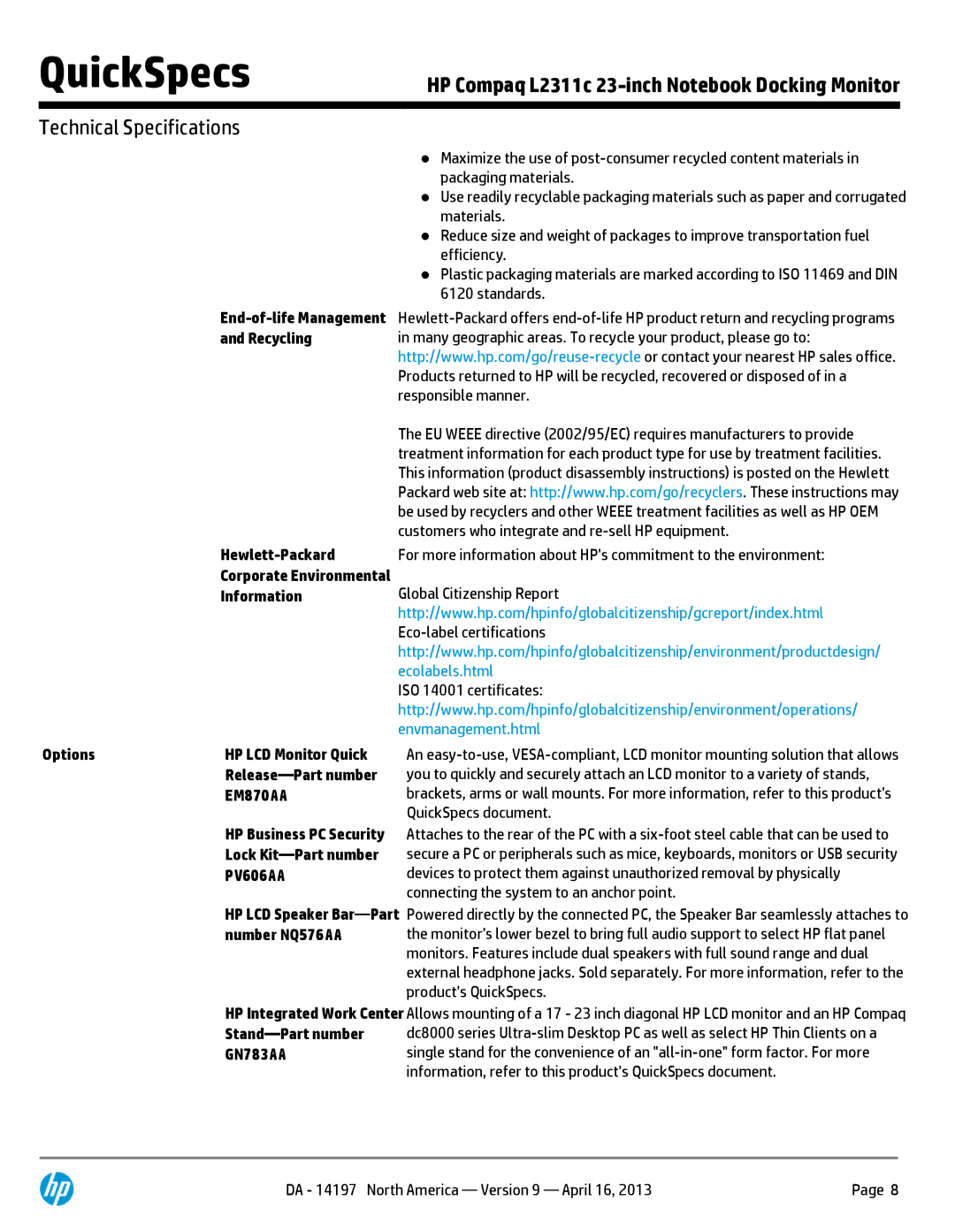 HP E2 2000 H6U09AAABA manual Recycling Hewlett-Packard, Information Options 