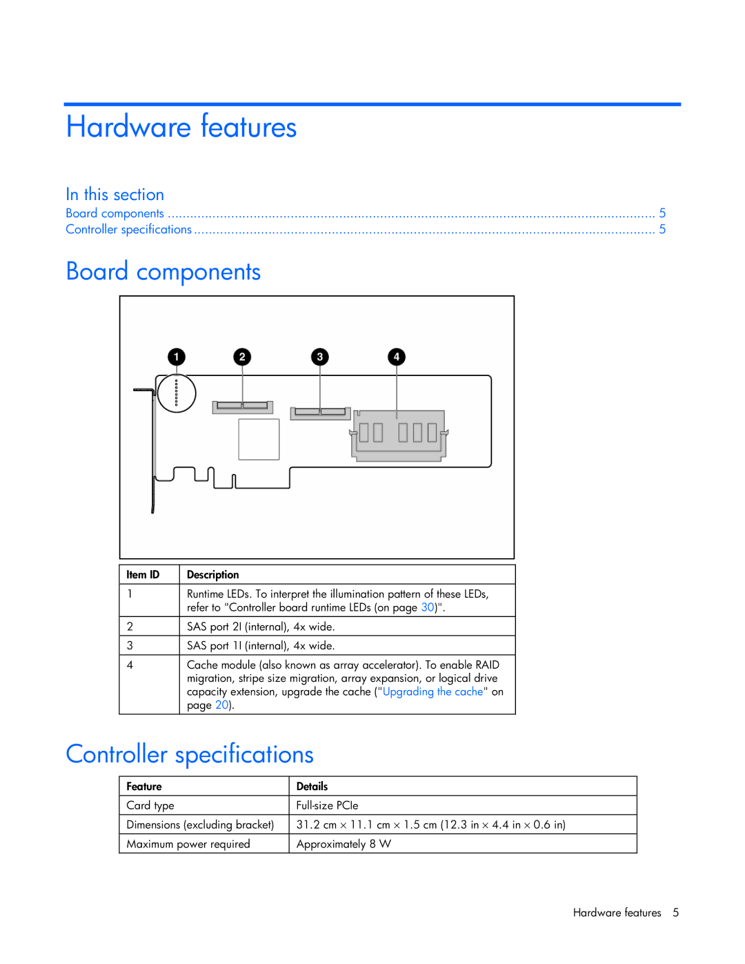 HP E200 manual Hardware features, Board components, Controller specifications 